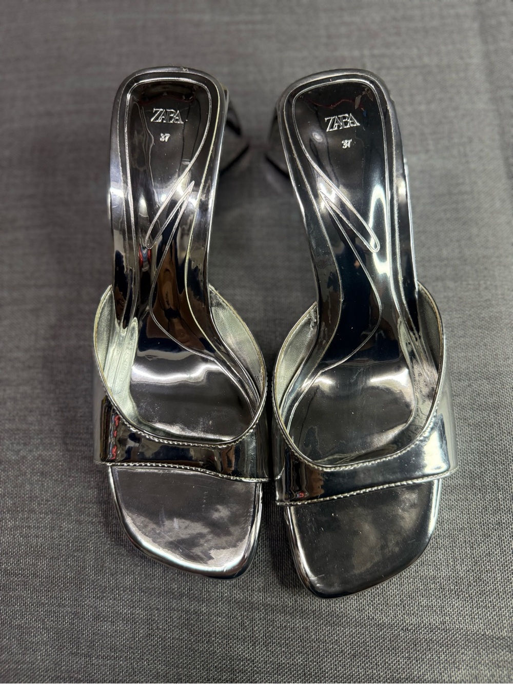 Zara Silver Square-Toe Slip-On Heels